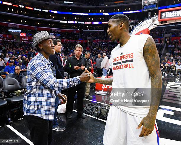 Don Cheadle and basketball player Jamal Crawford at basketball game between the Memphis Grizzlies and the Los Angeles Clippers at Staples Center on...