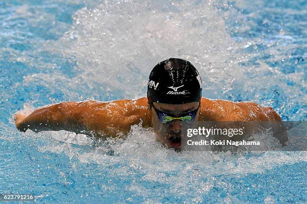 Masato Sakai of Japan competes in the Men's 100m Butterfly qualification during the 10th Asian Swimming Championships 2016 at the Tokyo Tatsumi...