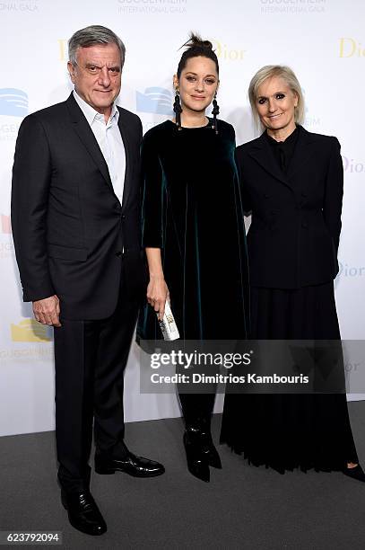 Sidney Toledano, Marion Cotillard, and Maria Grazia Chiuri attend the 2016 Guggenheim International Pre-Party made possible by Dior at Solomon R....