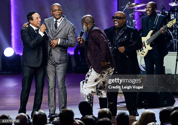 Smokey Robinson, Samuel L. Jackson, BeBe Winans, and CeeLo Green perform during the 2016 Gershwin Prize For Popular Song Concert honoring Smokey...