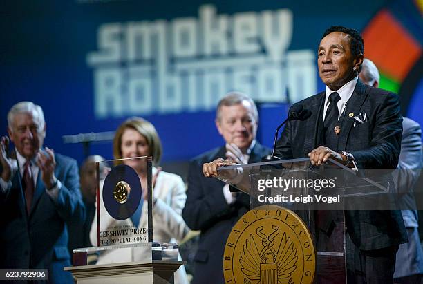 Smokey Robinson speaks as House of Representatives Democratic Whip Steny H. Hoyer, U.S. House of Representatives Democratic Leader Nancy Pelosi, U.S....
