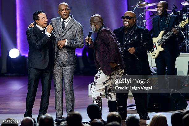 Smokey Robinson, Samuel L. Jackson, BeBe Winans, and CeeLo Green perform during the 2016 Gershwin Prize For Popular Song Concert honoring Smokey...