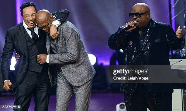 CeeLo Green performs as Smokey Robinson and Samuel L. Jackson stand on stage during the 2016 Gershwin Prize For Popular Song Concert honoring Smokey...