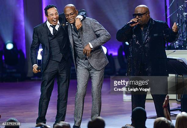 CeeLo Green performs as Smokey Robinson and Samuel L. Jackson stand on stage during the 2016 Gershwin Prize For Popular Song Concert honoring Smokey...