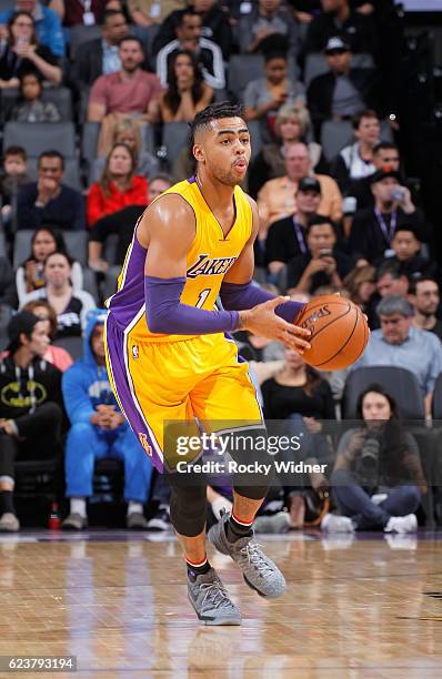 Angelo Russell of the Los Angeles Lakers handles the ball against the Sacramento Kings on November 10, 2016 at Golden 1 Center in Sacramento,...