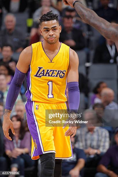 Angelo Russell of the Los Angeles Lakers looks on during the game against the Sacramento Kings on November 10, 2016 at Golden 1 Center in Sacramento,...