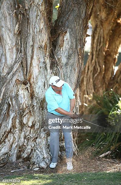 Peter O'Malley of Australia plays an approach shot on the 18th hole during day one of the 2016 Australian golf Open at Royal Sydney Golf Club on...