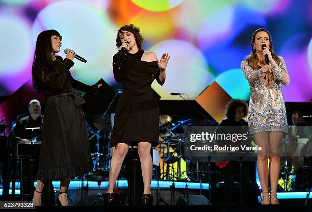 Singers Mon Laferte, Gaby Moreno and Kany Garcia perform onstage during the 2016 Person of the Year honoring Marc Anthony at MGM Grand Garden Arena...