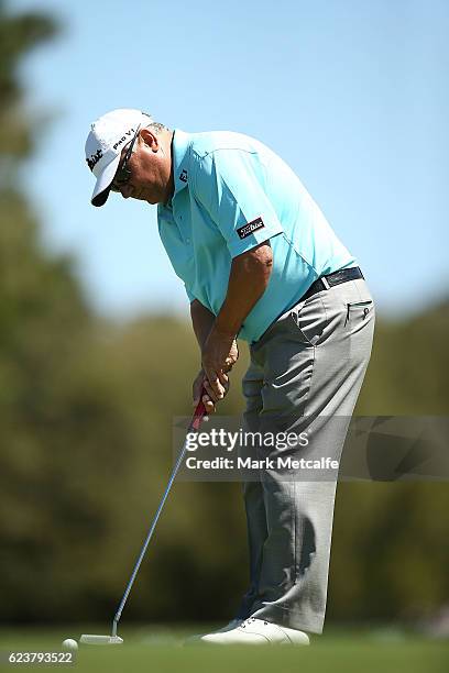 Peter O'Malley of Australia putts on the 16th green during day one of the 2016 Australian golf Open at Royal Sydney Golf Club on November 17, 2016 in...