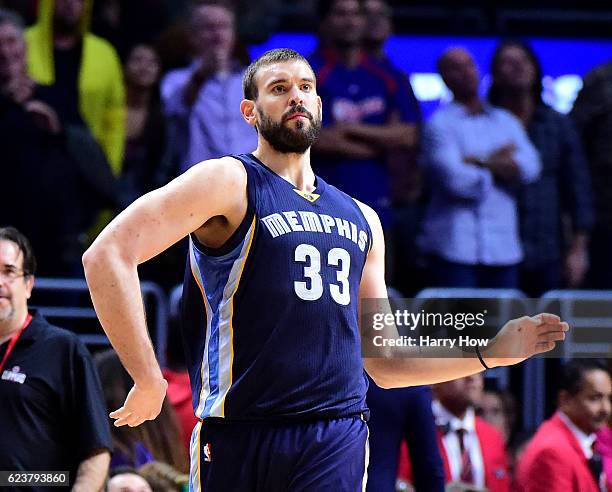 Marc Gasol of the Memphis Grizzlies celebrates his three point basket for a lead over the LA Clippers during the final seconds of the fourth quarter...