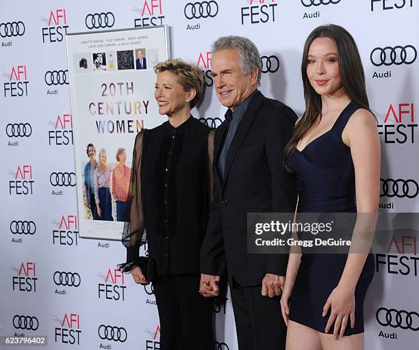 Annette Bening, Warren Beatty and Ella Beatty arrive at the AFI FEST 2016 Presented By Audi - A Tribute To Annette Bening And Gala Screening Of A24's...