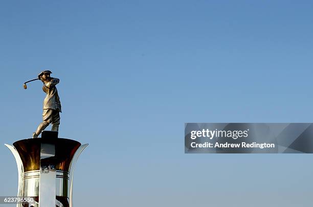 Close-up of Harry Vardon figure atop the Race To Dubai trophy during the first round of the DP World Tour Championship on the Earth Course at...