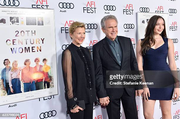 Actress Annette Bening, director/actor Warren Beatty, and Ella Beatty attend "20th Century Women" at AFI Fest 2016, presented by Audi at The Chinese...