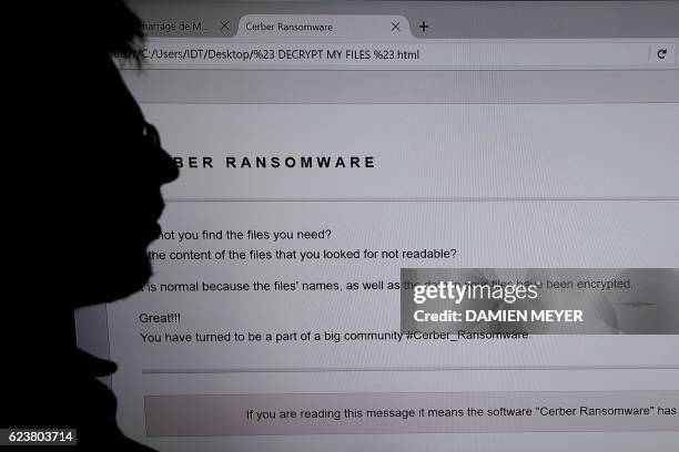 An IT researchers stands next to a giant screen a computer infected by a ransomware at the LHS of the INRIA in Rennes, on November 3, 2016. -...