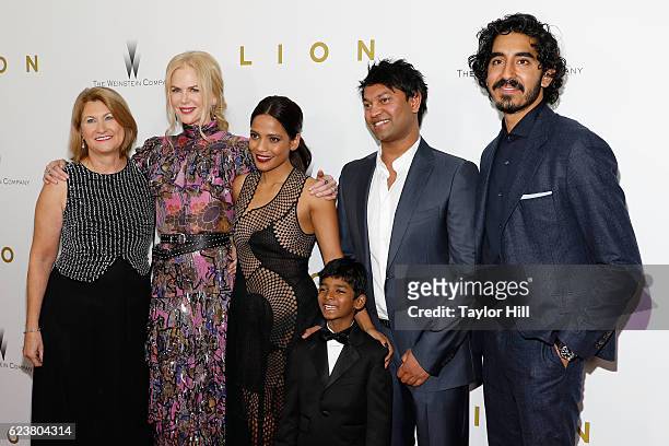 Sue Brierley, actors Nicole Kidman, Priyanka Bose, Sunny Pawar, Saroo Brierley and actor Dev Patel attend the 'Lion' New York premiere at Museum of...
