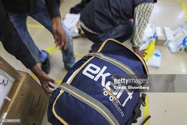 The logo of Flipkart Online Services Pvt's Ekart Logistics service is seen on a delivery bag at the company's office in Bengaluru, India, on...