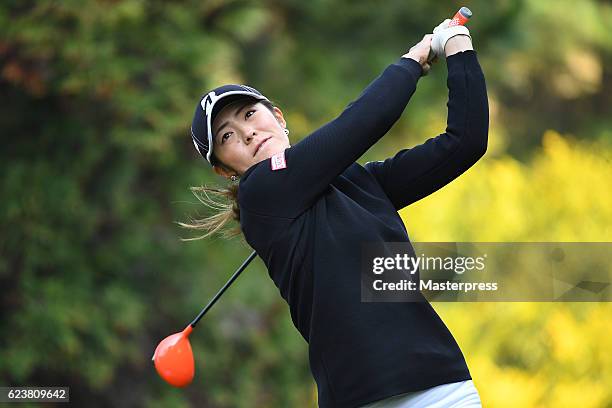 Ayaka Watanabe of Japan hits her tee shot on the 13th hole during the first round of the Daio Paper Elleair Ladies Open 2016 at the Elleair Golf Club...