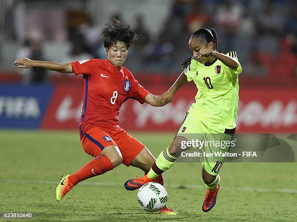 Park Yeeun of Korea Republic tries to tackle Lourdes Moreno of Venezuela during the FIFA U-20 Women's World Cup, Group D match between Korea Republic...