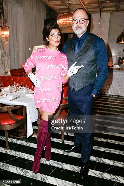 Singer Indira Weis and Kay Niehaus, Business Director Value Retail attend a dinner party prior to the New Faces Award Fashion 2016 on November 16,...