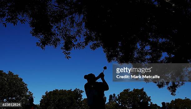 Peter O'Malley of Australia play his second shot on the 10th hole during day one of the 2016 Australian golf Open at Royal Sydney Golf Club on...