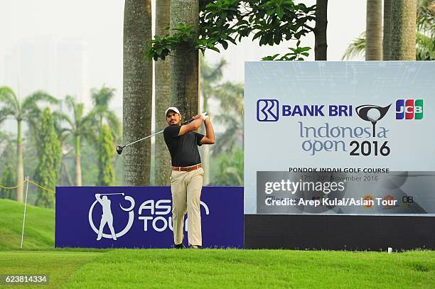 Gaganjeet Bhullar of India plays a shot during round one of the BANK BRI-JCB Indonesia Open at Pondok Indah Golf Course on November 17, 2016 in...