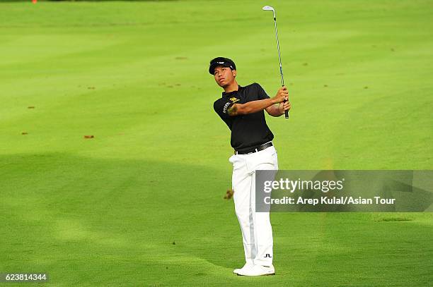 Danthai Boonma of Thailand plays a shot during round one of the BANK BRI-JCB Indonesia Open at Pondok Indah Golf Course on November 17, 2016 in...