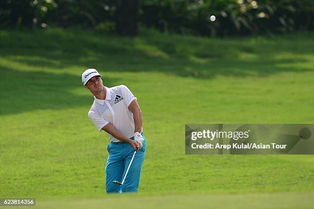 Javi Colomo of Spain plays a shot during round one of the BANK BRI-JCB Indonesia Open at Pondok Indah Golf Course on November 17, 2016 in Jakarta,...