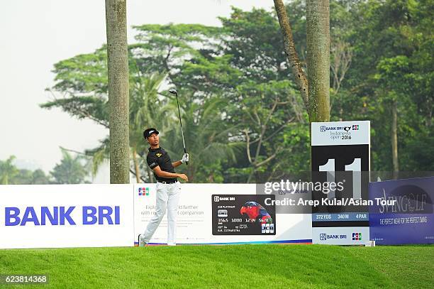 Danthai Boonma of Thailand plays a shot during round one of the BANK BRI-JCB Indonesia Open at Pondok Indah Golf Course on November 17, 2016 in...