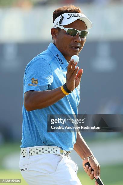 Thongchai Jaidee of Thailand reacts on the 18th green during day one of the DP World Tour Championship at Jumeirah Golf Estates on November 17, 2016...
