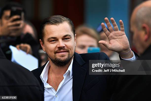 Hollywood actor Leonardo DiCaprio arrives at Home restaurant during his first visit on November 17, 2016 in Edinburgh, Scotland. The Oscar winning...