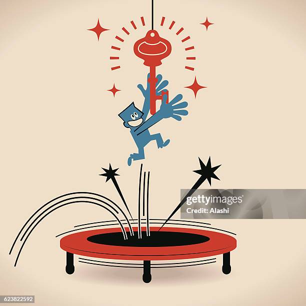 businessman catching an important key by jumping up on trampoline - trampoline jump stock illustrations