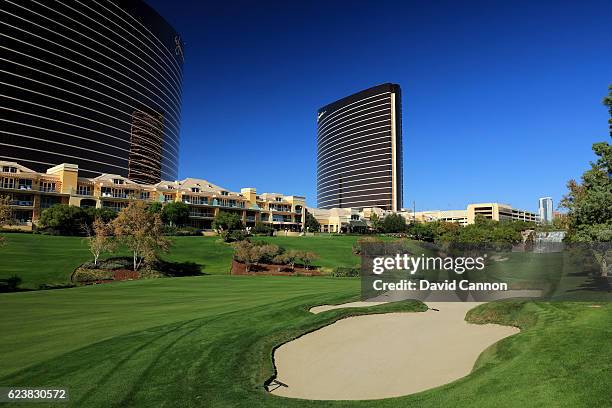 The 448 yards par 4, 18th hole at the Wynn Golf Club on November 3, 2016 in Las Vegas, Nevada.