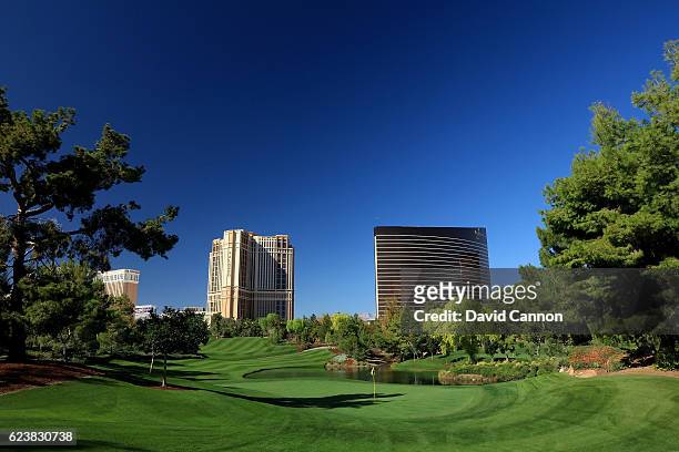 View from behind the green on the 201 yards, par 3, 11th hole at the Wynn Golf Club on November 3, 2016 in Las Vegas, Nevada.
