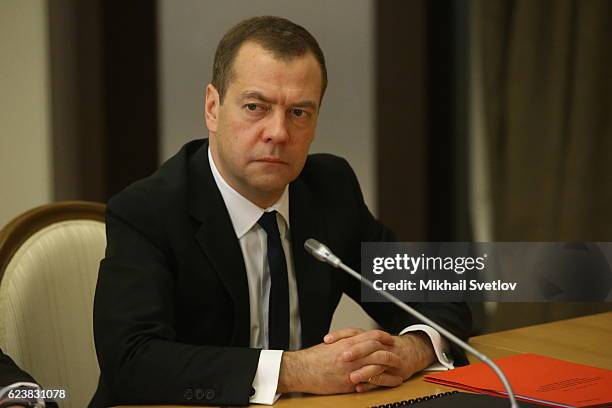 Russian Prime Minister Dmitry Medvedev attends a meeting with top high-ranked officers of the Russian Defence Ministry and other top military...