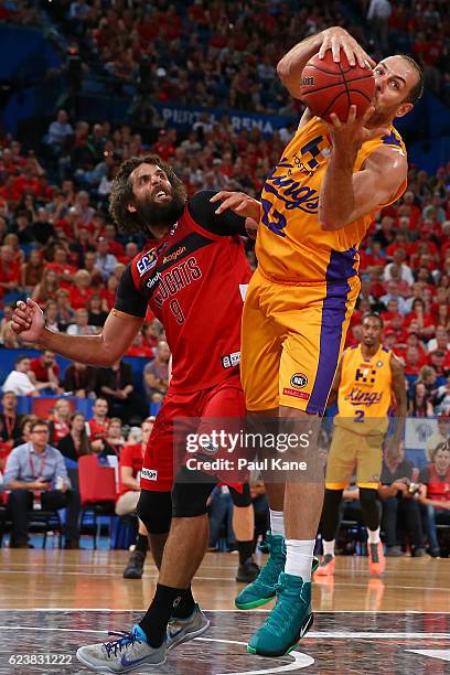 Aleks Maric of the Kings of the Kings rebounds against Matt Knight of the Wildcats during the round seven NBL match between the Perth Wildcats and...