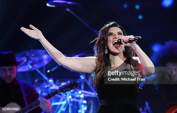 Laura Pausini performs onstage during the 2016 Latin GRAMMY Person of The Year honoring Marc Anthony held at MGM Grand Garden Arena on November 16,...