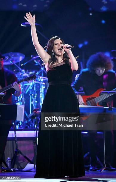 Laura Pausini performs onstage during the 2016 Latin GRAMMY Person of The Year honoring Marc Anthony held at MGM Grand Garden Arena on November 16,...