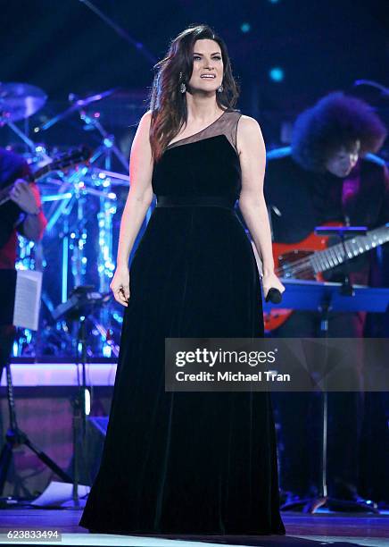 Laura Pausini performs onstage during the 2016 Latin GRAMMY Person of The Year honoring Marc Anthony held at MGM Grand Garden Arena on November 16,...