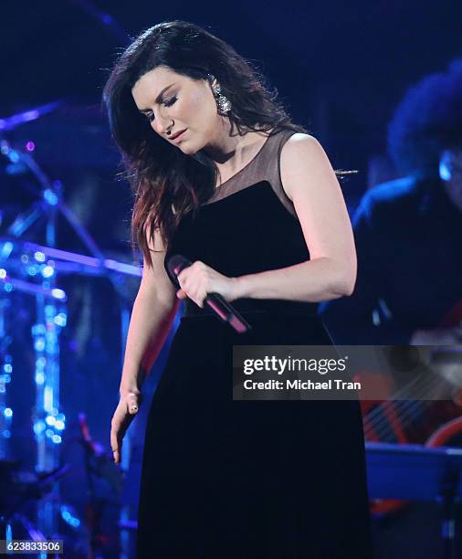 Laura Pausini performs onstage during the 2016 Latin GRAMMY Person of The Year honoring Marc Anthony held at MGM Grand Garden Arena on November 16,...