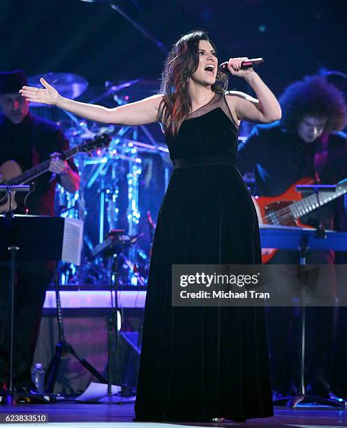 Laura Pausini performs onstage during the 2016 Latin GRAMMY Person of The Year honoring Marc Anthony held at MGM Grand Garden Arena on November 16,...