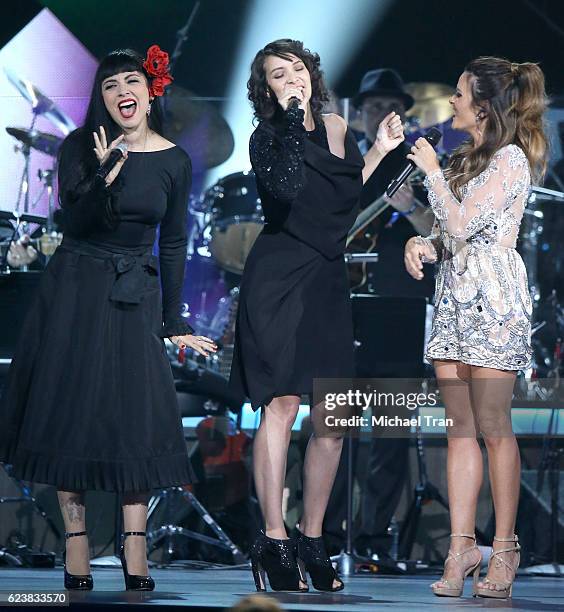 Mon Laferte, Gaby Moreno and Kany Garcia perform onstage during the 2016 Latin GRAMMY Person of The Year honoring Marc Anthony held at MGM Grand...