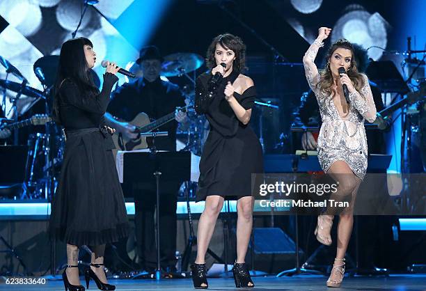 Mon Laferte, Gaby Moreno and Kany Garcia perform onstage during the 2016 Latin GRAMMY Person of The Year honoring Marc Anthony held at MGM Grand...