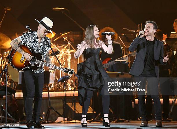 Jesse Huerta and Joy Huerta of Jesse y Joy with Fonseca perform onstage during the 2016 Latin GRAMMY Person of The Year honoring Marc Anthony held at...
