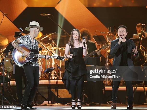 Jesse Huerta and Joy Huerta of Jesse y Joy with Fonseca perform onstage during the 2016 Latin GRAMMY Person of The Year honoring Marc Anthony held at...