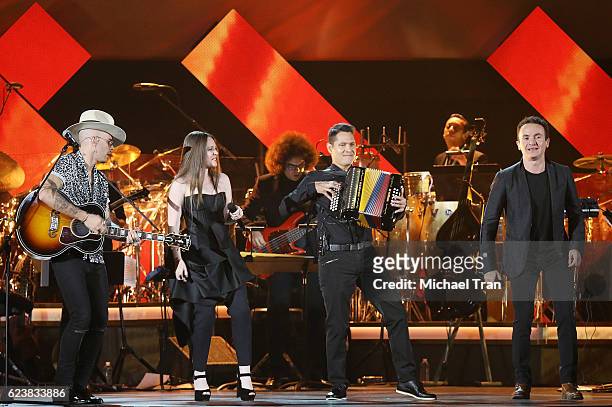 Jesse Huerta and Joy Huerta of Jesse y Joy with Fonseca perform onstage during the 2016 Latin GRAMMY Person of The Year honoring Marc Anthony held at...