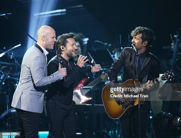 Gian Marco, Diego Torres and Tommy Torres perform onstage during the 2016 Latin GRAMMY Person of The Year honoring Marc Anthony held at MGM Grand...