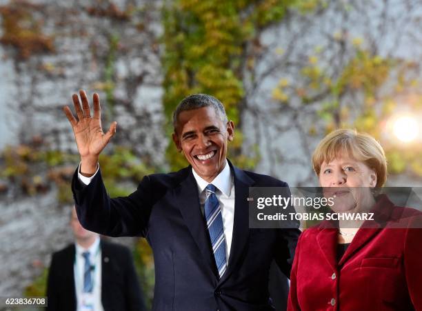 President Barack Obama is greeted by German Chancellor Angela Merkel upon arrival at the chancellery on November 17, 2016 in Berlin. US President...
