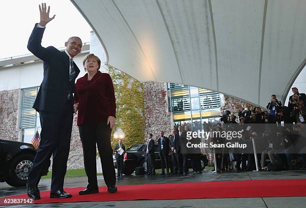 German Chancellor Angela Merkel greets U.S. President Barack Obama upon his arrival at the Chancellery on November 17, 2016 in Berlin, Germany....