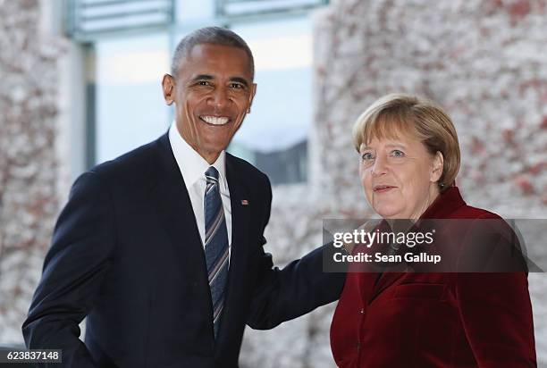 German Chancellor Angela Merkel greets U.S. President Barack Obama upon his arrival at the Chancellery on November 17, 2016 in Berlin, Germany....