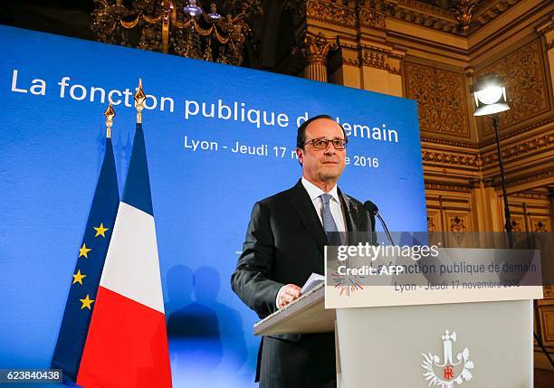 French President Francois Hollande delivers a speech about the future of civil service following a meeting at the prefecture of Lyon, eastern France,...